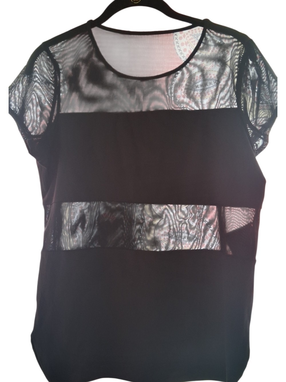 Fabletics Black Short Sleeve Mesh-Panel Blouse